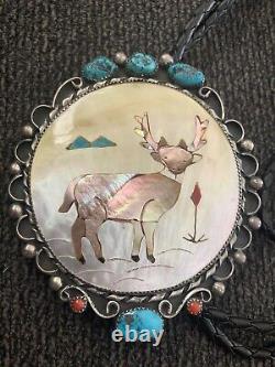 Rare Stunning Vintage Navajo Inlay Turquoise Coral MOP Deer Bolo Tie Signed EB