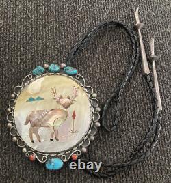 Rare Stunning Vintage Navajo Inlay Turquoise Coral MOP Deer Bolo Tie Signed EB