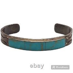 Rare Turquoise Vintage Navajo Blue Gem Sterling Silver Inlay Bracelet