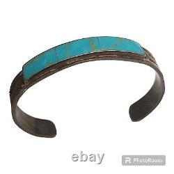 Rare Turquoise Vintage Navajo Blue Gem Sterling Silver Inlay Bracelet