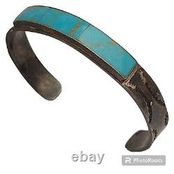 Rare Turquoise Vintage Navajo Blue Gem Sterling Silver Inlay Bracelet