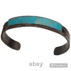 Rare Turquoise Vintage Navajo Blue Gem Sterling Silver Inlay Bracelet