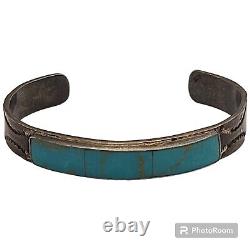 Rare Turquoise Vintage Navajo Blue Gem Sterling Silver Inlay Bracelet