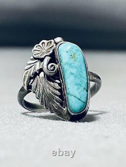 Rare Turquoise Vintage Navajo Carico Lake Sterling Silver Leaf Ring