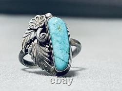 Rare Turquoise Vintage Navajo Carico Lake Sterling Silver Leaf Ring