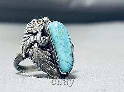 Rare Turquoise Vintage Navajo Carico Lake Sterling Silver Leaf Ring