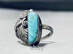 Rare Turquoise Vintage Navajo Carico Lake Sterling Silver Leaf Ring
