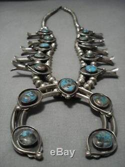 Rare Turquoise! Vintage Navajo Sterling Silver Squash Blossom Necklace Old