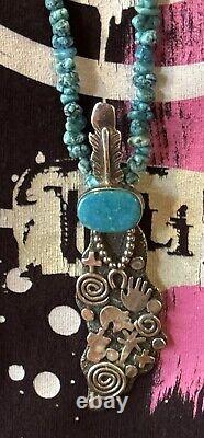 Rare Vintage Alex Sanchez Navajo Pendant Strung On A 34 Turquoise Nugget Strand