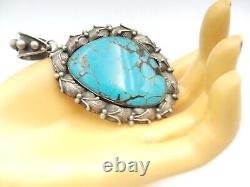 Rare Vintage Huge Large Navajo Sterling Silver Natural Turquoise Pendant 43g