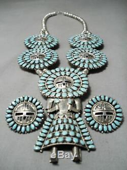 Rare Vintage Navajo Kachina Turquoise Sterling Silver Squash Blossom Necklace