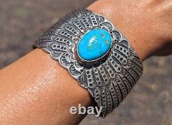 Rare Vintage Navajo Sterling Silver Turquoise Bracelet Signed Moses Jack NA sz 7