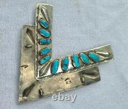 Rare Vintage Navajo Sterling Silver Turquoise Collar Pins Signed