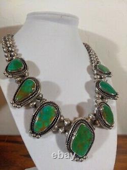 Rare Vintage Turquoise Sterling Silver Handcraft Squash Blossom Station Necklace