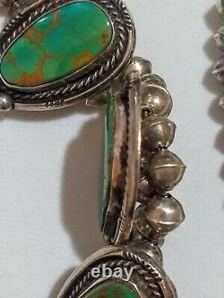 Rare Vintage Turquoise Sterling Silver Handcraft Squash Blossom Station Necklace