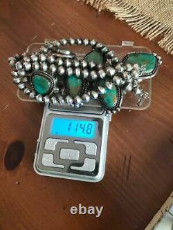 Rare Vintage Turquoise Sterling Silver Handcraft Squash Blossom Station Necklace