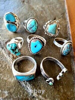 Ring Lot of 8 Sterling Vintage Retro Navjo Turquoise Old Pawn Southwest Style