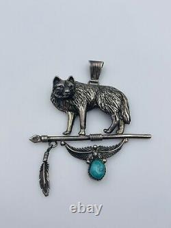 Running Bear Vintage Navajo Sterling Silver Turquoise Wolf Design Pendant