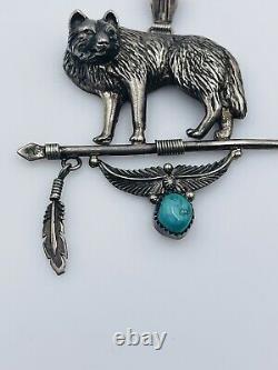 Running Bear Vintage Navajo Sterling Silver Turquoise Wolf Design Pendant