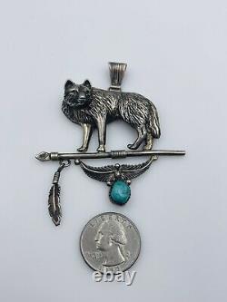 Running Bear Vintage Navajo Sterling Silver Turquoise Wolf Design Pendant