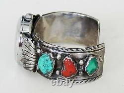 SIGNED Native American Navajo Sterling Silver Watch Bracelet Cuff Turquoise VTG
