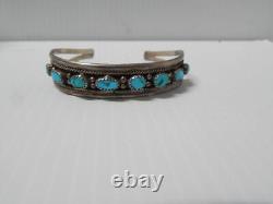 SIGNED VINTAGE NAVAJO INDIAN 8 STONE STERLING TURQUOISE ROW BRACELET nice qlty