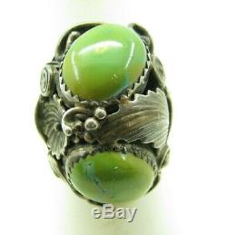 STERLING SILVER Old Pawn NAVAJO UNISEX RING Green Turquoise HIGH RELIEF VTG 8