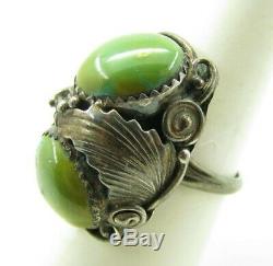 STERLING SILVER Old Pawn NAVAJO UNISEX RING Green Turquoise HIGH RELIEF VTG 8