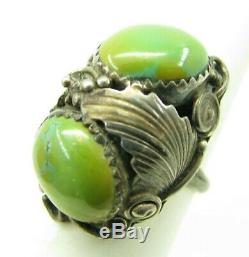 STERLING SILVER Old Pawn NAVAJO UNISEX RING Green Turquoise HIGH RELIEF VTG 8
