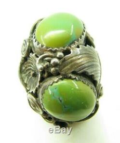 STERLING SILVER Old Pawn NAVAJO UNISEX RING Green Turquoise HIGH RELIEF VTG 8