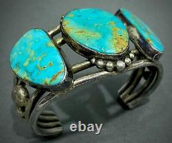 STUNNING HUGE Vintage Navajo Sterling Silver Gem Grade Turquoise Cuff Bracelet