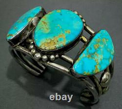 STUNNING HUGE Vintage Navajo Sterling Silver Gem Grade Turquoise Cuff Bracelet