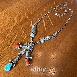 Sarah Dickens Navajo Vintage Sterling Silver Turquoise Coral Necklace 16.5 Dt