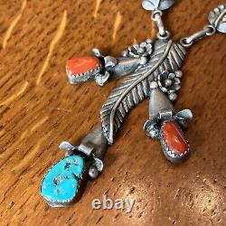 Sarah Dickens Navajo Vintage Sterling Silver Turquoise Coral Necklace 16.5 Dt