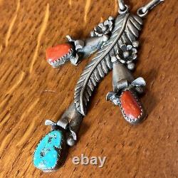 Sarah Dickens Navajo Vintage Sterling Silver Turquoise Coral Necklace 16.5 Dt