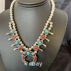 Shadow Box Navajo CORAL Turquoise Sterling Silver Squash Necklace Earring 10889