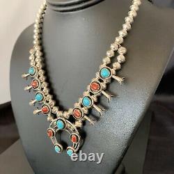 Shadow Box Navajo CORAL Turquoise Sterling Silver Squash Necklace Earring 10889