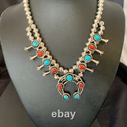 Shadow Box Navajo CORAL Turquoise Sterling Silver Squash Necklace Earring 10889