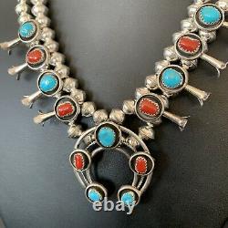 Shadow Box Navajo CORAL Turquoise Sterling Silver Squash Necklace Earring 10889