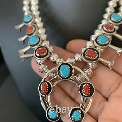 Shadow Box Navajo CORAL Turquoise Sterling Silver Squash Necklace Earring 10889