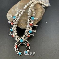 Shadow Box Navajo CORAL Turquoise Sterling Silver Squash Necklace Earring 10889