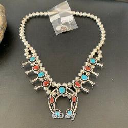 Shadow Box Navajo CORAL Turquoise Sterling Silver Squash Necklace Earring 10889