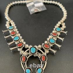 Shadow Box Navajo CORAL Turquoise Sterling Silver Squash Necklace Earring 10889