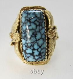 Signed Jag Navajo 14k Yellow Gold Spiderweb Turquoise Ring Vintage Handmade