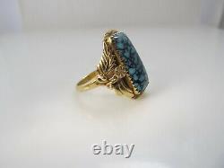 Signed Jag Navajo 14k Yellow Gold Spiderweb Turquoise Ring Vintage Handmade