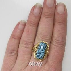 Signed Jag Navajo 14k Yellow Gold Spiderweb Turquoise Ring Vintage Handmade