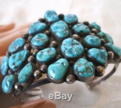 Signed Vintage NAVAJO Heavy Sterling Silver & CLUSTER TURQUOISE Cuff BRACELET