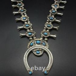 Signed Vintage NAVAJO Sterling Silver BLUE Turquoise SQUASH BLOSSOM Necklace