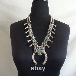 Signed Vintage NAVAJO Sterling Silver BLUE Turquoise SQUASH BLOSSOM Necklace