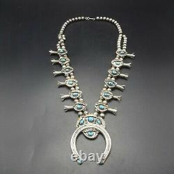 Signed Vintage NAVAJO Sterling Silver BLUE Turquoise SQUASH BLOSSOM Necklace